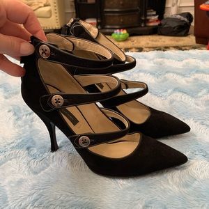 black triple strap heels